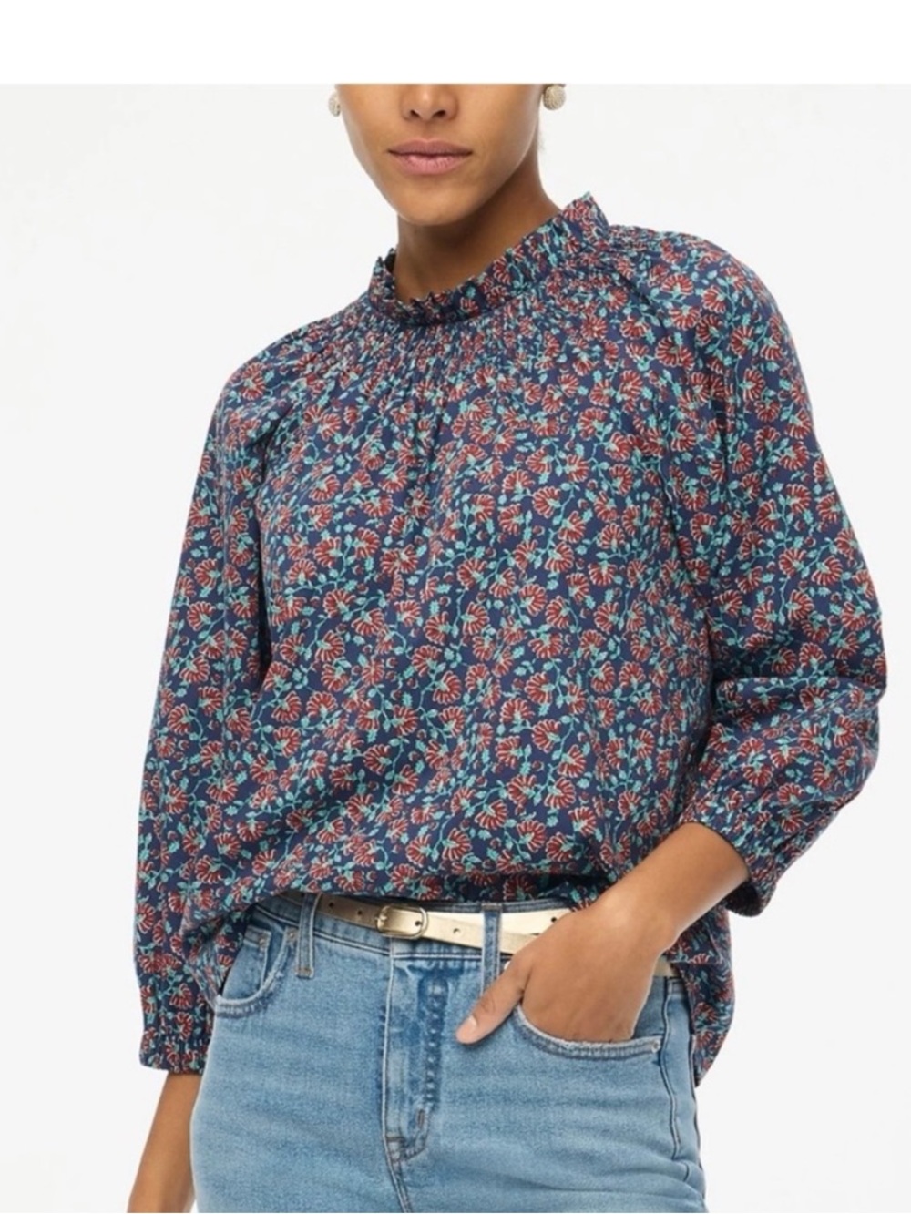 NWOT J. Crew Navy Floral Ruffle Mock-Neck Blouse
